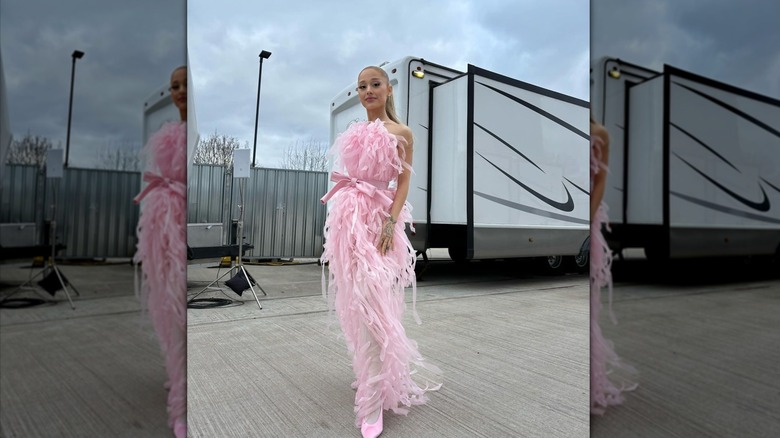 Ariana Grande poses outside in pink gown with fringe embellishments.