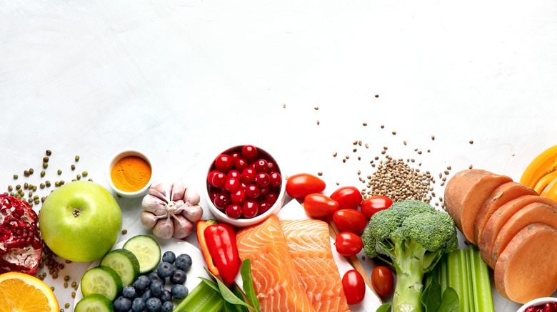 food seeds salmon vegetables on a table