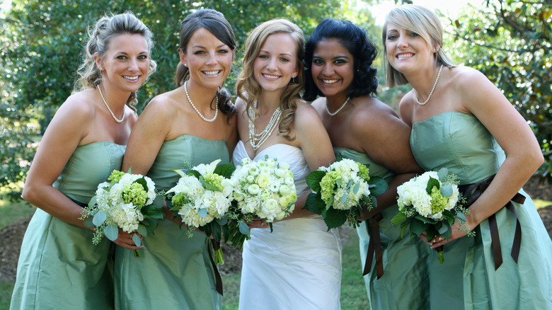 Bridal party green strapless dresses