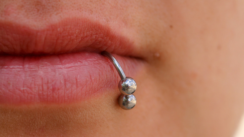 Close up of a lip ring