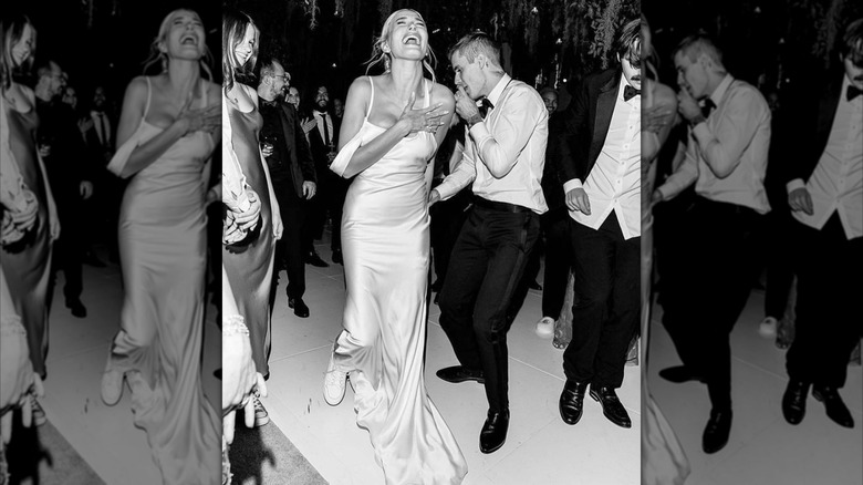 Hailey Bieber laughing with Justin Bieber on their wedding day