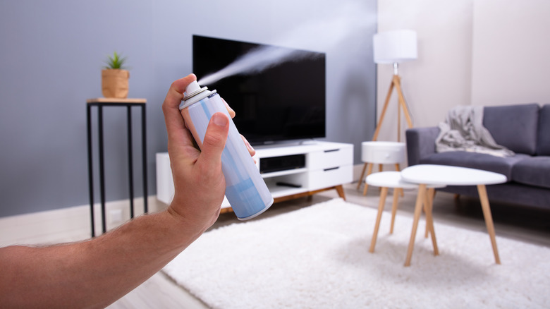 hand spraying air freshener in living room