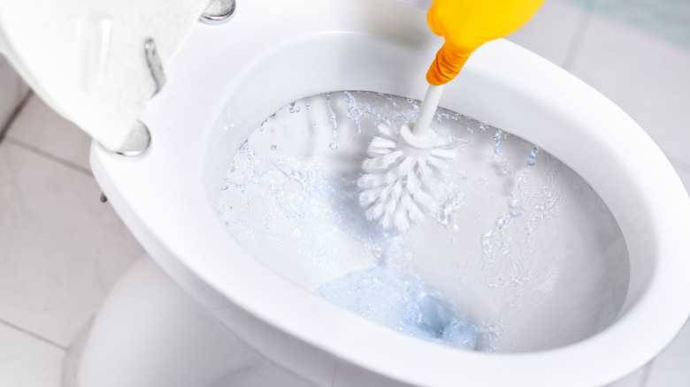 gloved hand scrubbing toilet bowl with cleaner