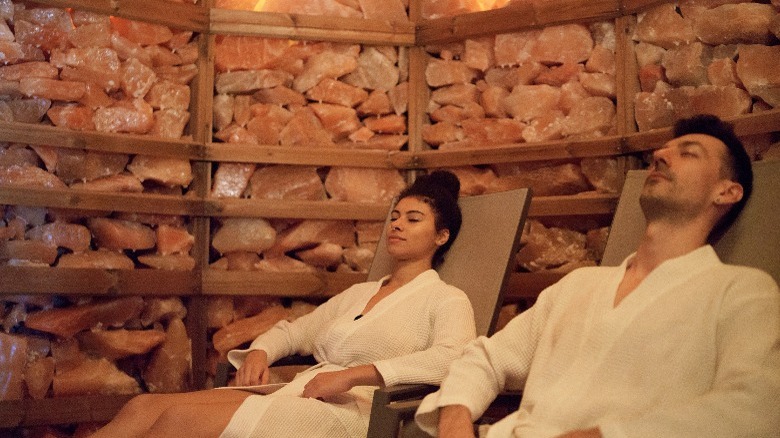 Couple relaxing in salt room