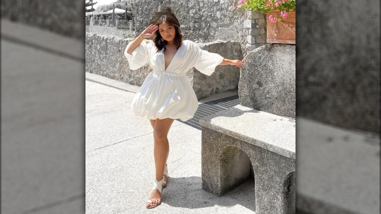 A woman wearing a bubble dress