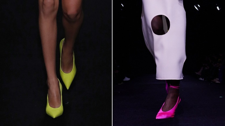 Split image of neon green and neon pink heels