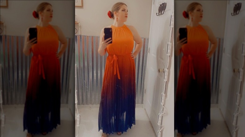 Woman wearing sunset ombre dress