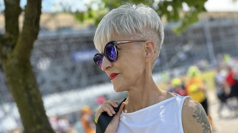 A woman with short gray hair