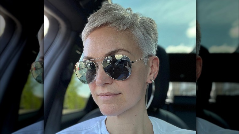 Woman with gray pixie haircut