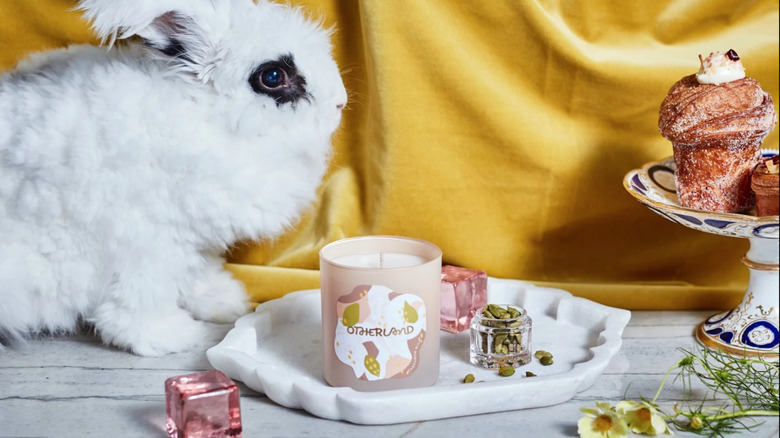 pink candle on a white tray surrounded by baked goods and a bunny