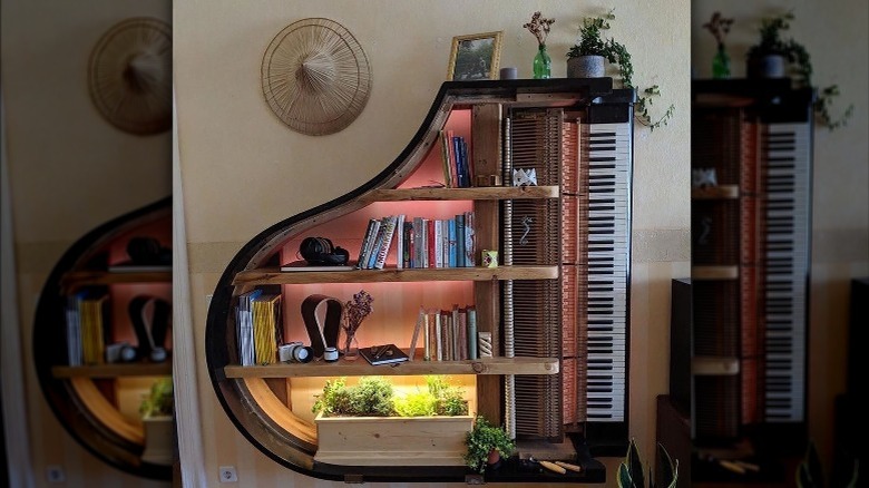 piano turned bookshelf