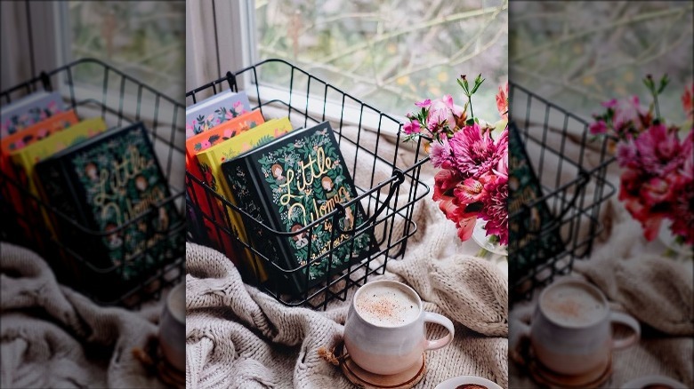 books in wire basket