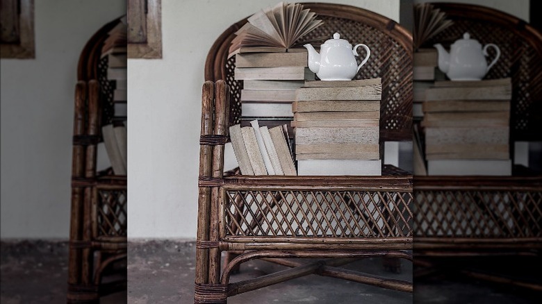 wicker chair of books