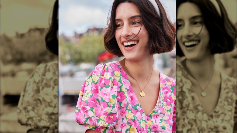 happy woman in flower dress