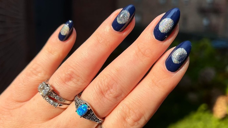 blue nails with silver moons