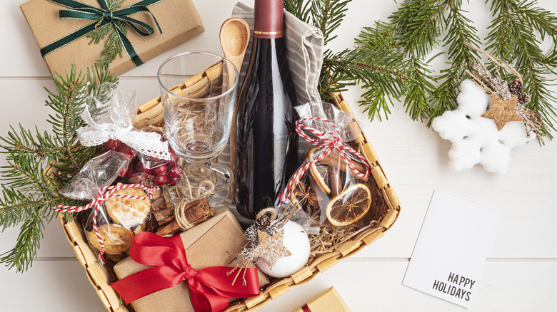holiday gift basket of wine and cookies