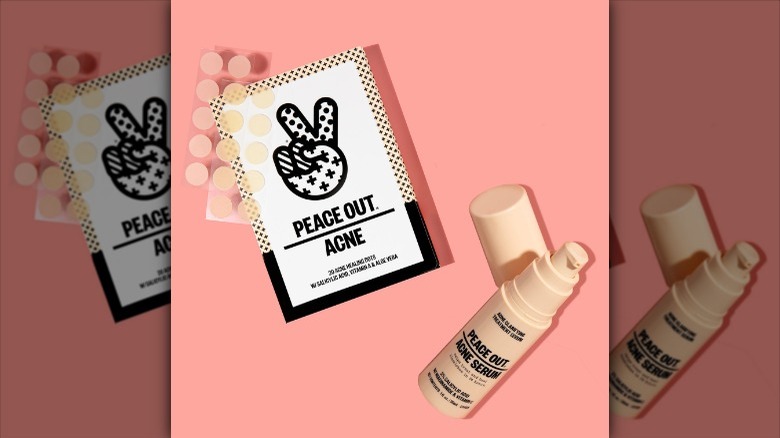 Peace Out acne removal products on pink background