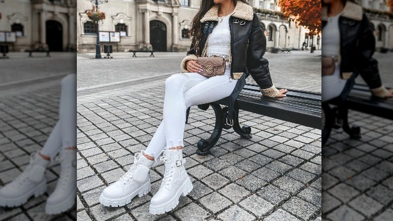 white outfit white ankle boots