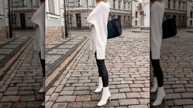 sweater with leggings and white boots