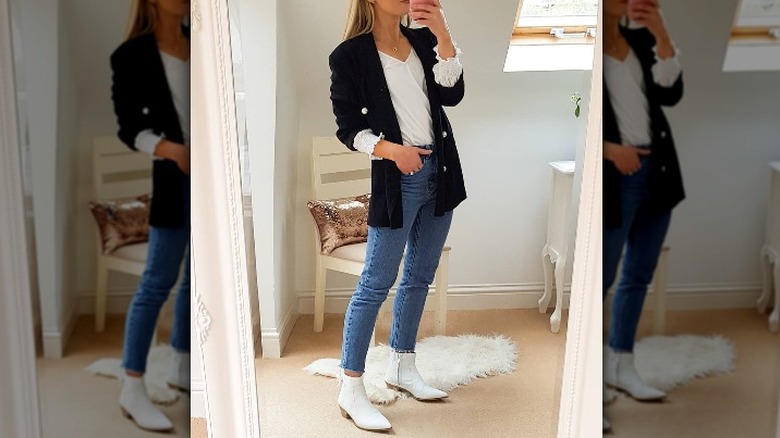 blazer and jeans with white boots