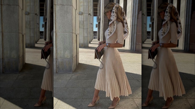 Classic nude heels and a midi dress