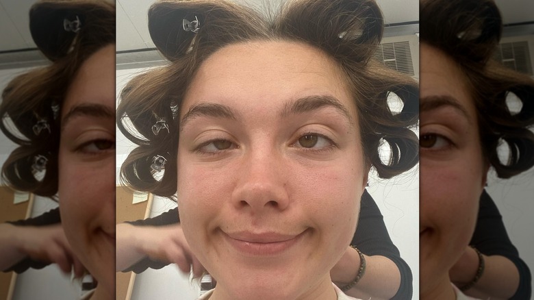 Florence Pugh in hair curlers