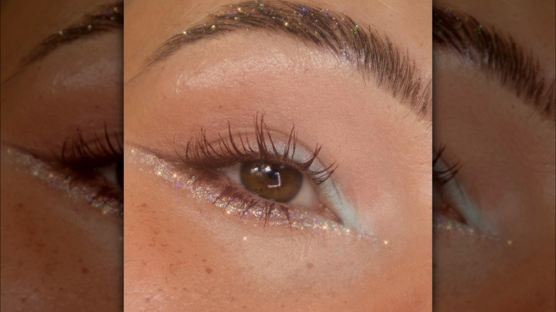 Brown eyeliner and glitter underliner