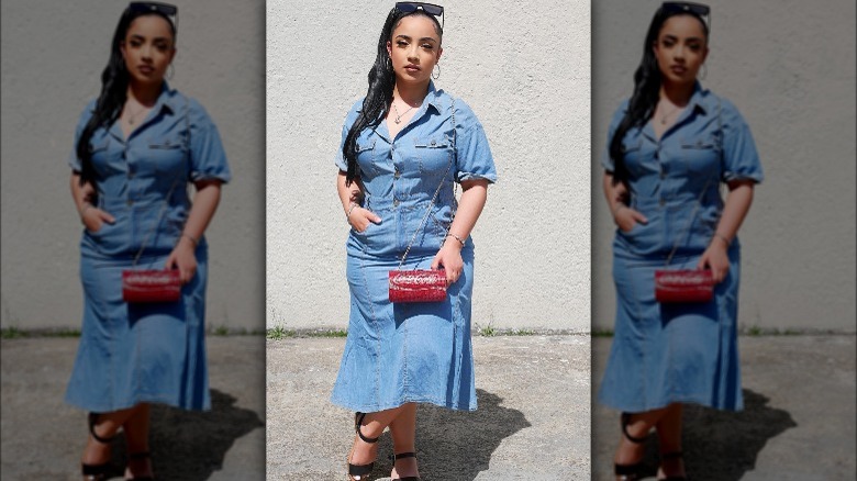 Woman wearing midi denim dress