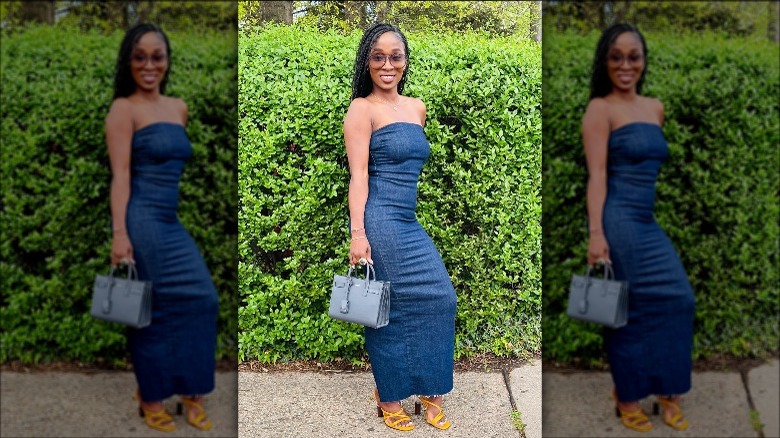 Woman in denim dress, bright sandals