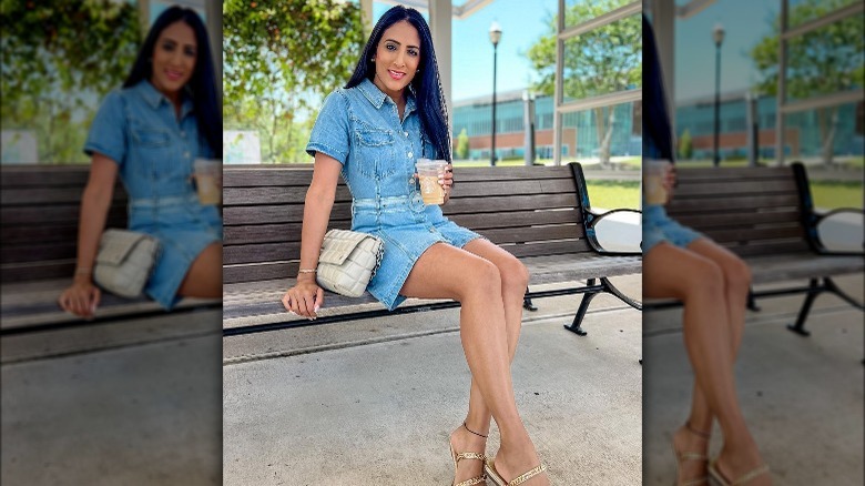 Woman in short-sleeved denim dress