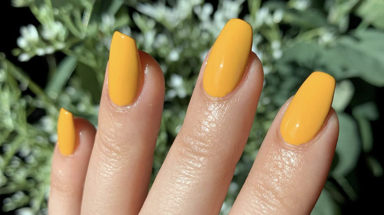 yellow nail polish on fingers