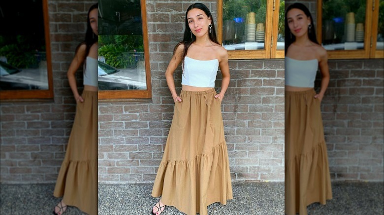 khaki maxi skirt white top