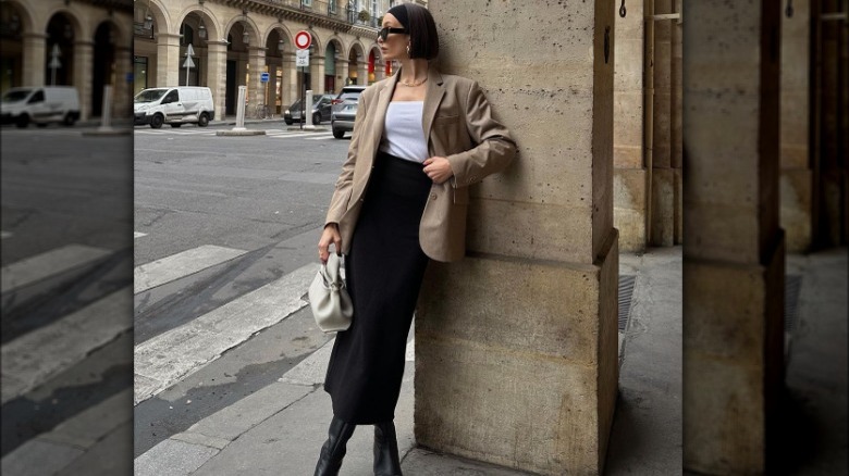 black maxi skirt and blazer