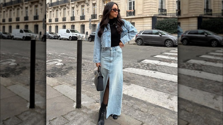 double denim maxi skirt