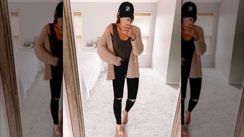 cardigan baseball hat outfit 