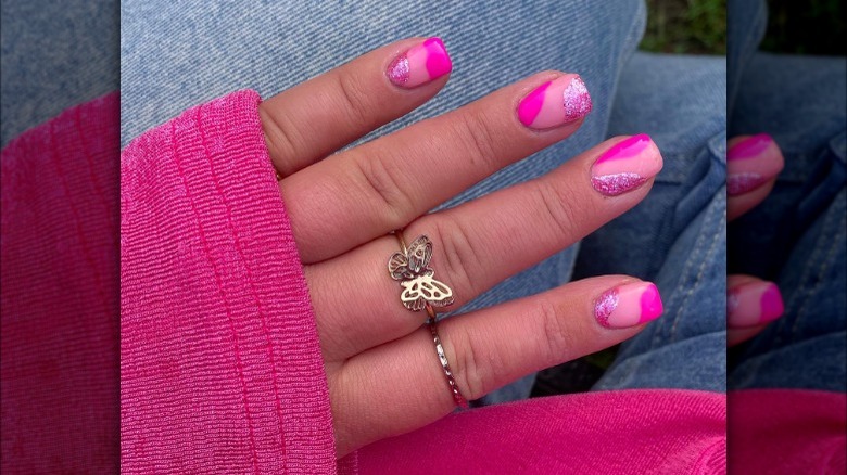 Pink Barbiecore layered nails