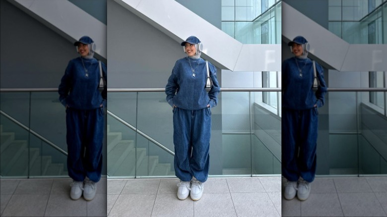 woman wearing denim outfit