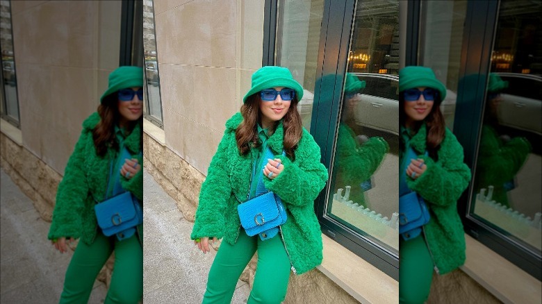 woman wearing all green outfit