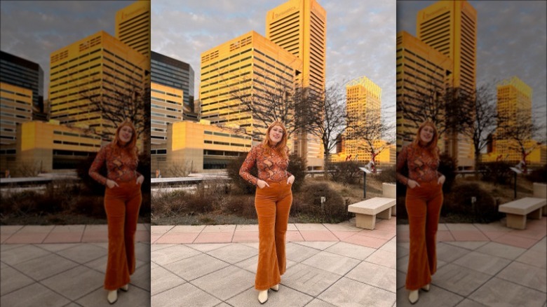 woman in orange '70s outfit