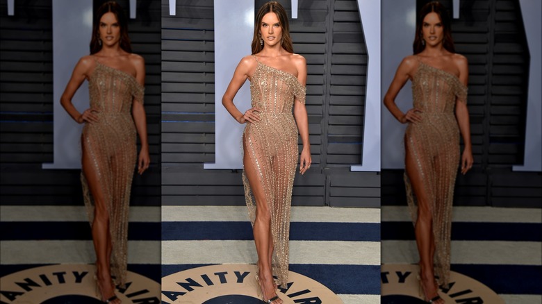 alessandra ambrosio wearing sheer beaded gown