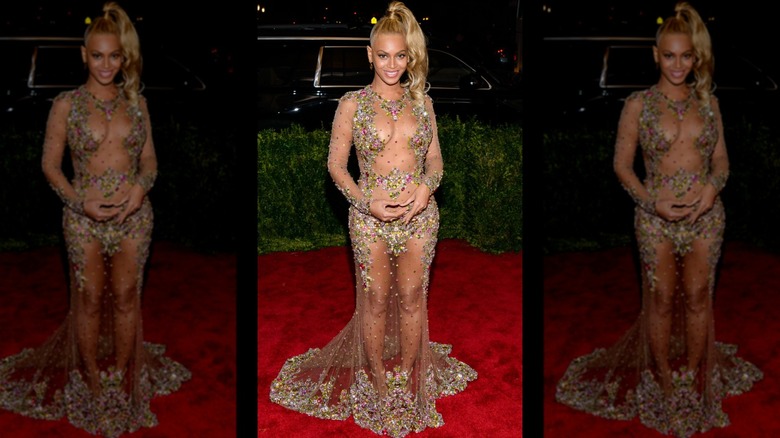 beyonce in sheer multicolored gown 