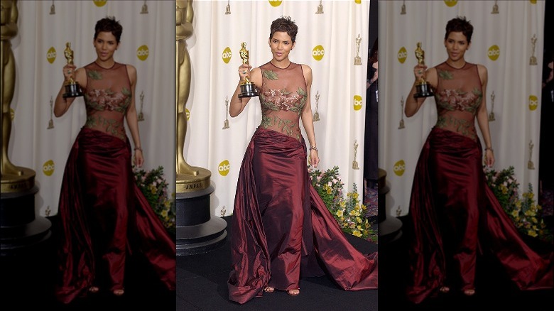 halle berry wearing sheer floral gown