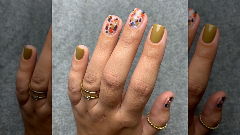 Modern olive and multicolor nail art