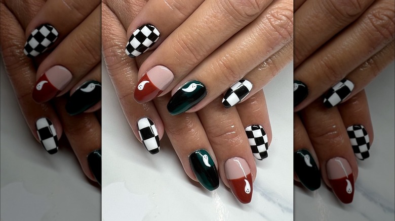 Checkered Halloween themed manicures