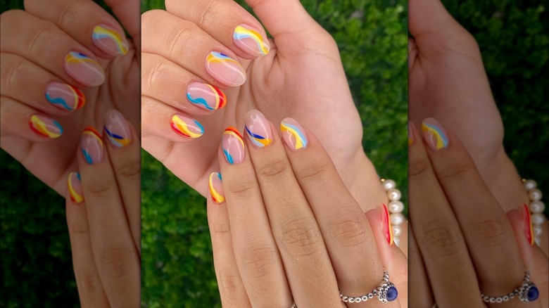 Bright colored line pattern nail art