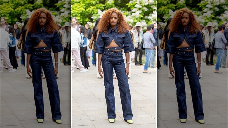 woman wearing double denim outfit