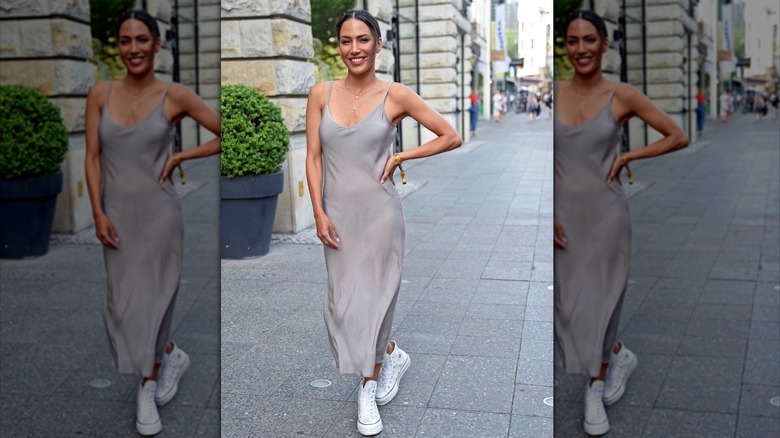 woman wearing nude slip dress