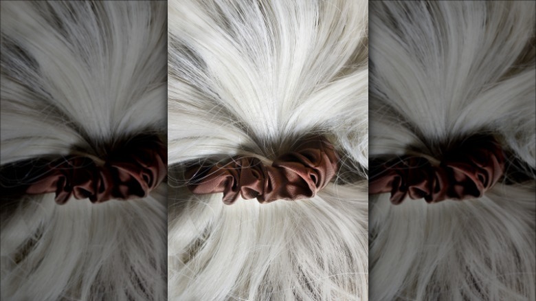 brown silk scrunchie in white hair