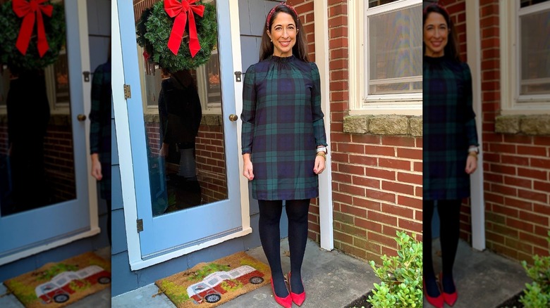 woman in plaid dress