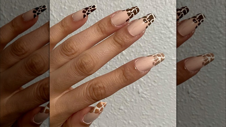 hand with animal print french tip coffin nails